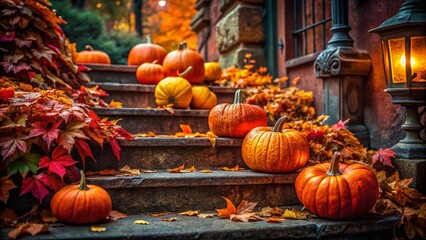 Autumn Pumpkin Halloween Steps Photography - Dark Staircase, Orange Leaves, Cozy Festive Scene