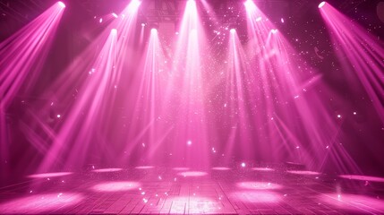 Pink spotlight stage background. Disco party projector light concert or show scene. Magic beam glow for nightclub or award winner with confetti glitter. Congratulation performance bg for celebrity