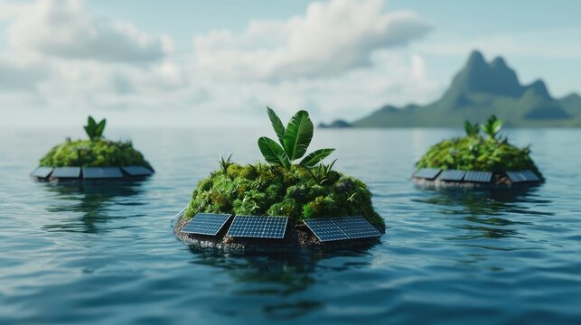Floating islands covered in greenery and solar panels, surrounded by serene water and distant mountains, embodying sustainable innovation and eco-friendliness.