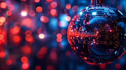 Robotic Christmas ball. Symbol of 2019 New Year of innovations, science and high technologies. Holiday cover with Xmas lights for poster, banner, placard and brochure