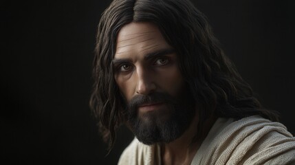 Obraz premium Depiction of a serene figure with long dark hair and a beard in soft natural light. Generative AI