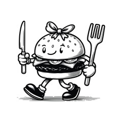 Hand drawn food cartoon walking sketch illustration vector black color.