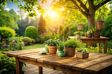 Fototapeta premium Backyard Garden Product Photography: Wooden Table Green Space Setting