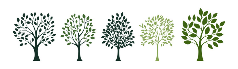 Obraz premium Set of tree and leaf collection hand drawn flat design vector element. botanical set of bare trees and ones with leaves and lush green