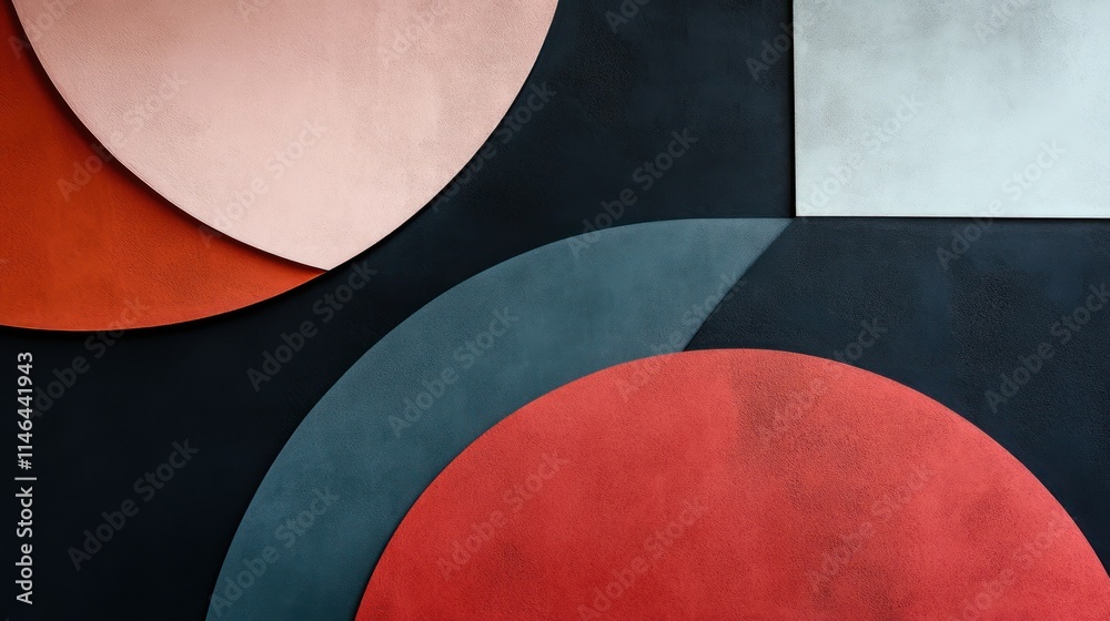 Poster abstract geometric shapes in warm and cool tones create a modern design aesthetic.