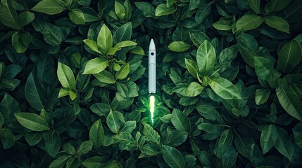 A conceptual image of a rocket launching amidst lush green leaves, symbolizing innovation, sustainability, and eco-friendly technological advancement, merging space exploration with environmental .