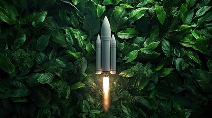 A conceptual image of a rocket launching amidst lush green leaves, symbolizing innovation, sustainability, and eco-friendly technological advancement, merging space exploration with environmental
