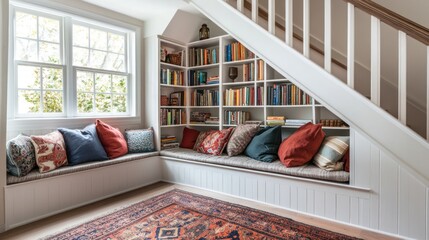 Cozy reading nook under staircase with built-in bookshelf and window seat.