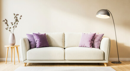 Elegant modern living room with beige sofa and purple cushions
