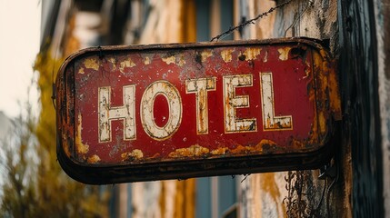 Vintage hotel sign hanging on a rustic building in an urban area with peeling paint and aged charm during the golden hour of sunset