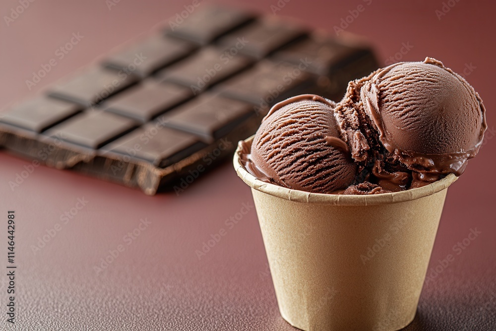 Wall mural Indulging in rich chocolate ice cream served in a paper cup next to a bar of dark chocolate on a wooden surface