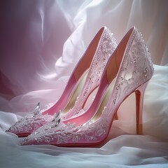 Obraz premium Elegant pink high heels adorned with intricate lace and embellished details showcased against a soft fabric backdrop