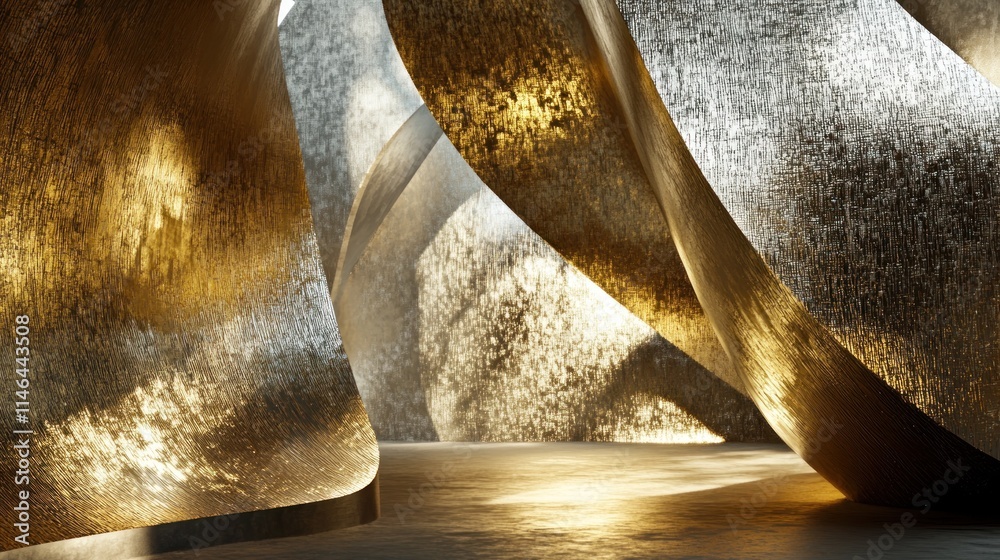 Aufkleber abstract interior space with flowing metallic forms and soft lighting.
