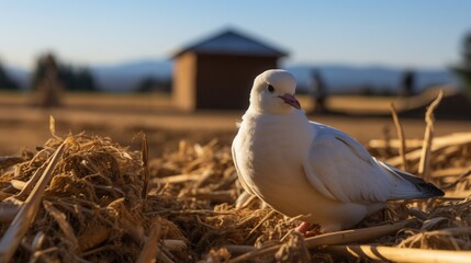 White dove resting on straw in a rural landscape during golden hour near a wooden structure