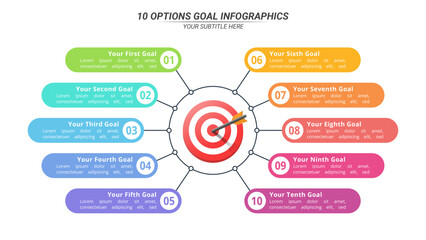 10 Options Goal Infographic with Editable Text on a 16:9 Layout for Business Presentation, Poster, Banner and Booklet.
