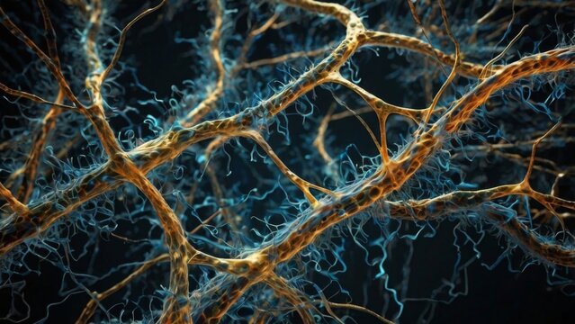 An artistic representation of quantum processes in microtubules inside neurons. The scene depicts microtubules interacting with quantum superposition states, processing multiple possible outcomes of a