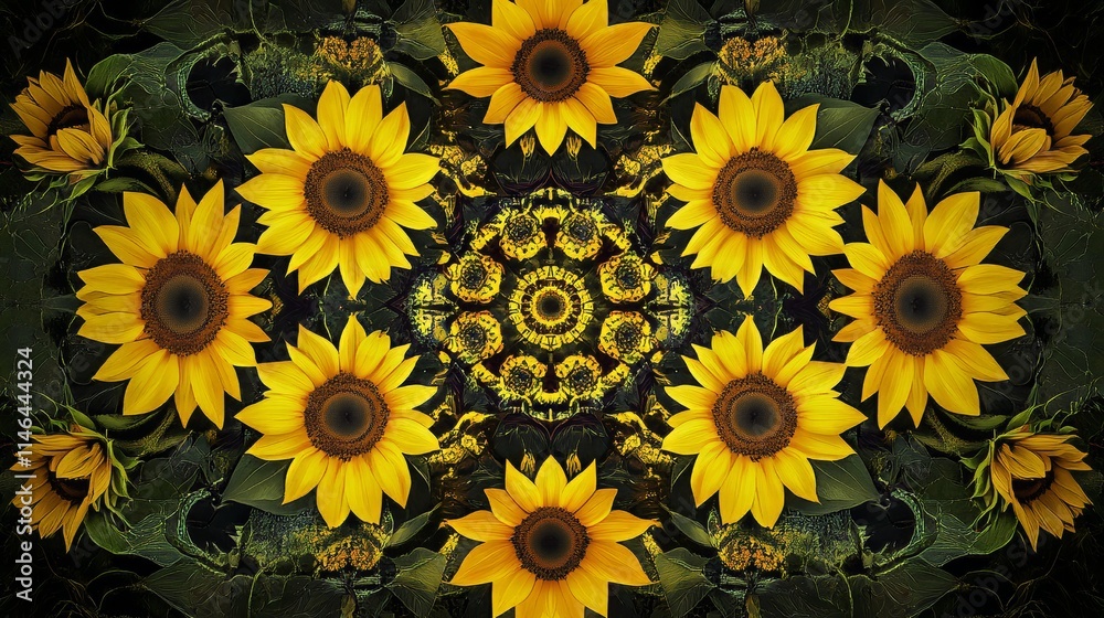 Poster artistic composition of sunflowers in a symmetrical pattern against a geometric backdrop, creative s