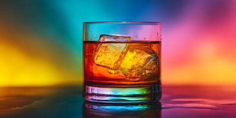 Colorful vibrant drink with ice cubes, rainbow background, refreshing beverage, vibrant colors, unique artwork design