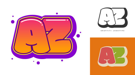 AZ logo design for festival or party. Initial letter a and z in graffiti style. Creative modern lettering company name of font typography. Kids trendy logotype or identity.