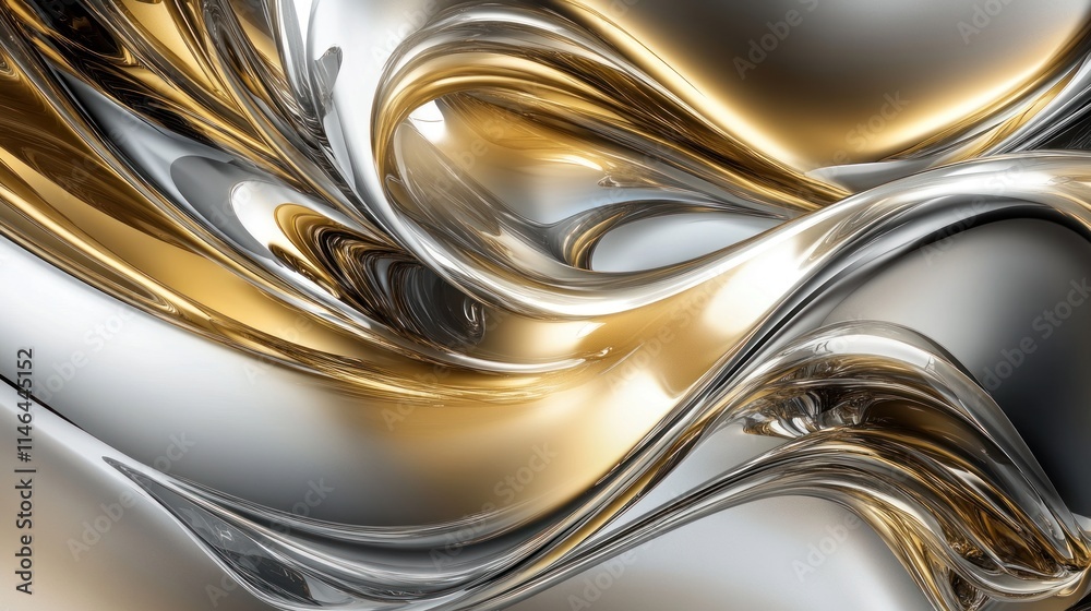 Fototapete Abstract metallic waves in gold and silver, creating a dynamic and fluid visual effect.