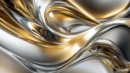 Abstract metallic waves in gold and silver, creating a dynamic and fluid visual effect.