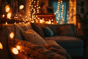 Cozy Home Movie Night: Warmly Lit Room with Fairy Lights for a Relaxing Atmosphere