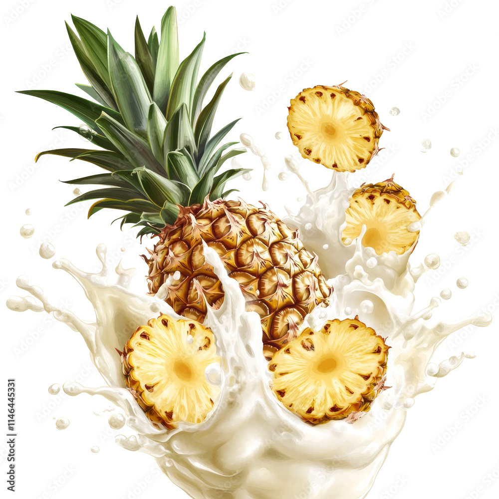 Poster pineapples splashing in milk