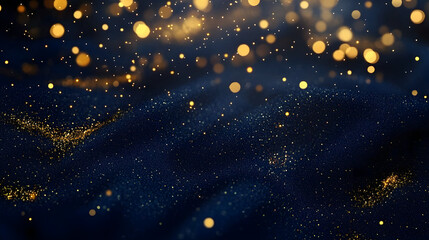 Abstract dark blue and gold particle background with Christmas golden light bokeh, shining particles on navy blue, gold foil texture, festive holiday concept