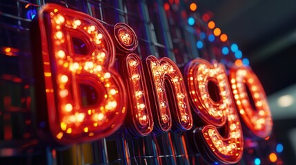 Bright lights create excitement at a lively bingo night in a bustling community center during the weekend. Generative AI