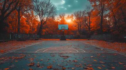 Basketball court abandoned in synthwave style. During the autumn sunset. The angle focuses on the hoot. As if the picture were taken below the hoop. No players are present and no one is in the area.