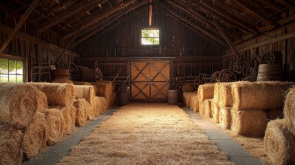 A barn with hay stacked in rows