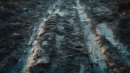 Naklejka premium Ruts in the muddy ground create a natural path reflecting the changing light of dusk. Generative AI