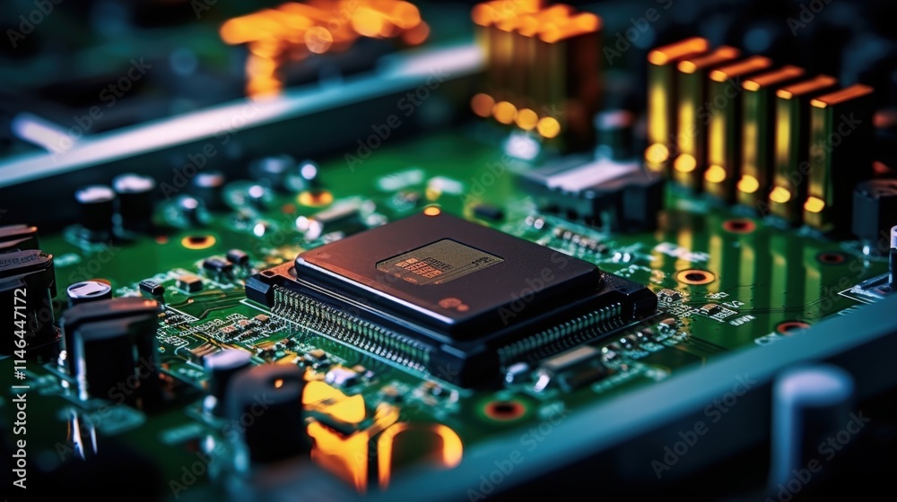 Poster close-up of a circuit board featuring an integrated circuit with colorful highlights and advanced te
