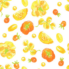 Orange and yellow vegetables wax crayon vegetables seamless pattern on white isolated background. Textural and food repeating pattern. Design for textiles, wrapping paper and wallpaper. 