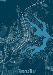 A detailed map of Brasília, Brazil, rendered in a minimalist style. The city's layout is depicted in white lines against a deep blue background, highlighting the intricate network of roads and streets