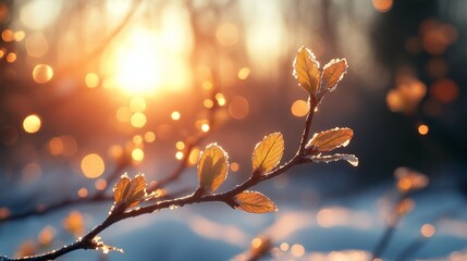 Budding Branches Covered in Frost, Illuminated by Golden Sunlight, Symbolizing Early Spring, Renewal, and the Spring Equinox
