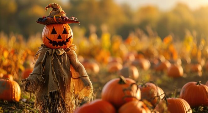 Festive Halloween Scarecrow Standing Amongst Vibrant Pumpkins in Autumn Field