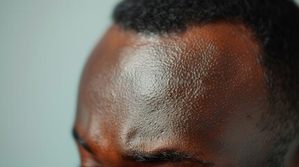 Close-up of a person's forehead showcasing skin texture and expression under soft lighting in a neutral indoor setting