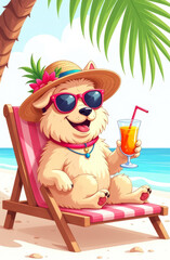 cartoon pomeranian spitz at a resort in sunglasses sits in a sun lounger and drinks fresh juice