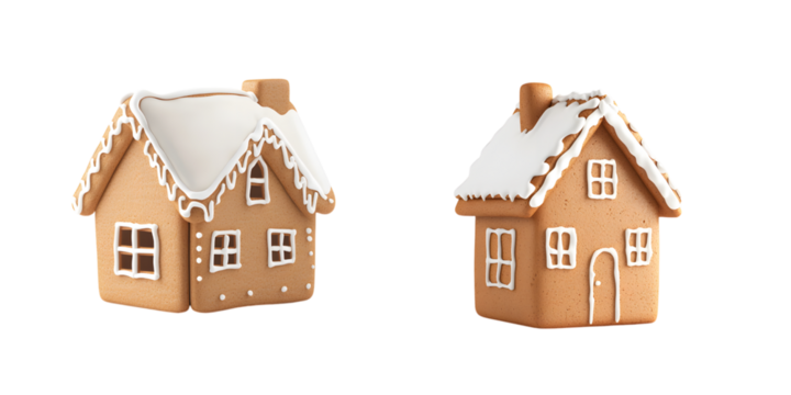 Two decorative gingerbread houses, adorned with icing and snowy rooftops, showcasing charming details and a festive appearance.