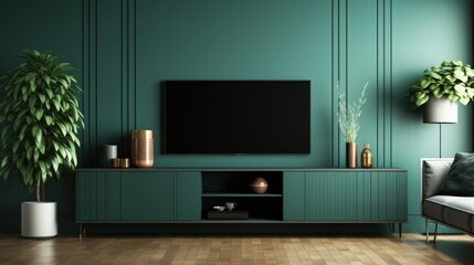 Modern Interior Design of a Living Room with Green Walls, Stylish Furniture, and Decorative Elements for Contemporary Homes