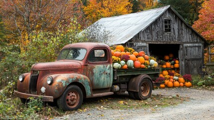 Fototapeta premium An old truck is parked in front of a barn
