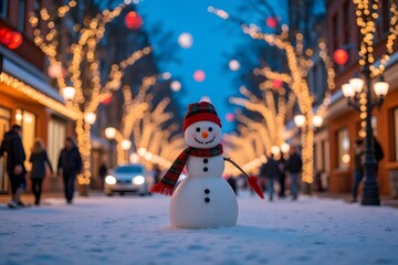 Obraz premium Festive Snowman with Plaid Scarf on Christmas-Lit Street with Walking People