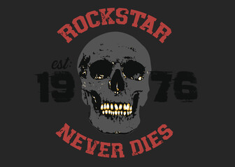 ROCKSTAR NEVER DIES slogan skull and flowers. Vector Illustration of Skull and Flowers. Skull illustration painting with flowers. eps8