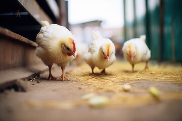 Chickens foraging in a rustic barn environment during a sunny afternoon in a rural farm setting