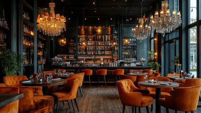 Luxurious restaurant interior with orange velvet chairs, wooden tables, and crystal chandeliers.