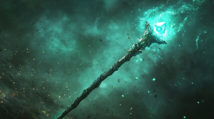 A wizard&rsquo;s staff with glowing runes and a gem floating at the top, set in a mystical background 