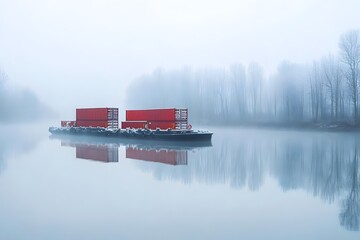 A barge with red containers navigates a foggy river, reflecting trees and calm water.