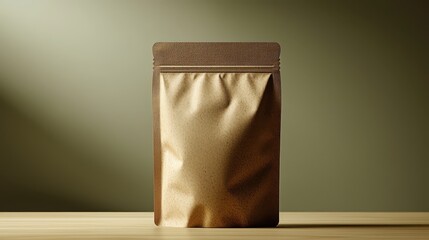 Food pouch bag with custom earthy design on wooden table in soft lighting