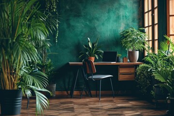 Obraz premium Green Wall Modern Workspace: Laptop, Business, and Education Background